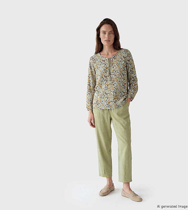 Elastic Waist Linen Blend Trousers