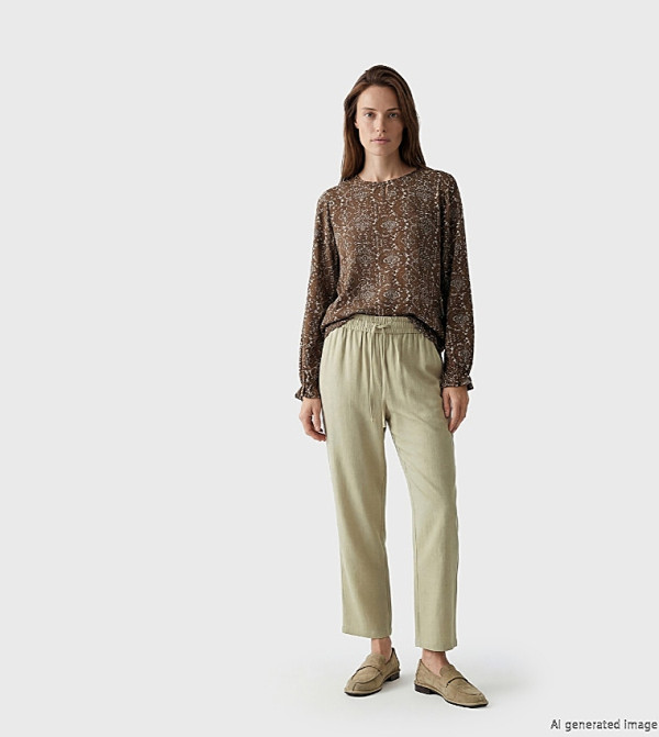 Elastic Waist Linen Blend Trousers