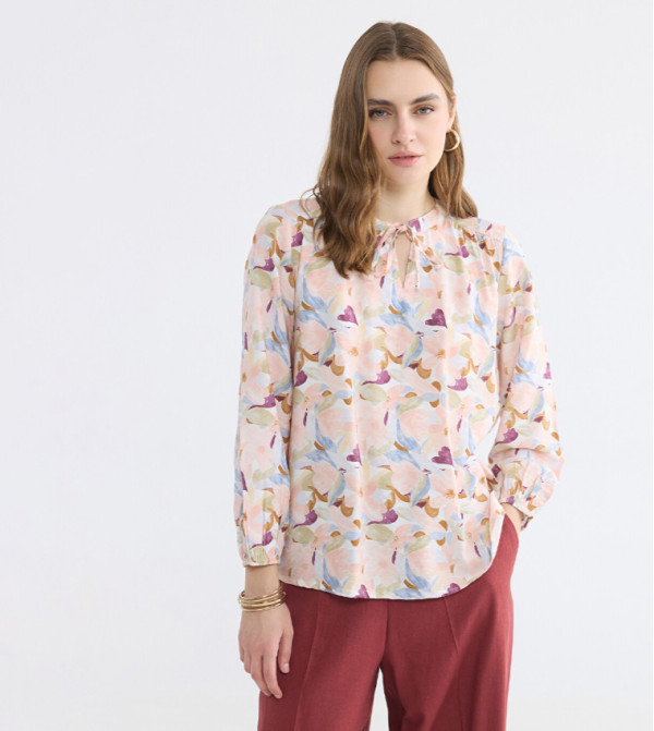 Floral Patterned Tie-Up Neck Top