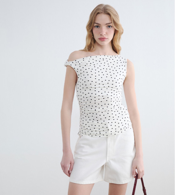 Polka Dots Asymmetric Shoulder Top