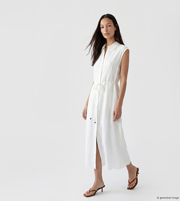 Eyelet Detail Linen Blend Midi Shirt Dress