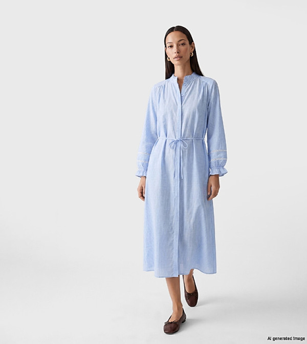 Striped Frilled Mock Neck Sash Waist Midi Dress