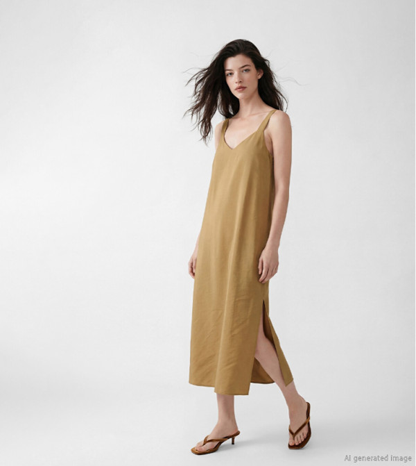 Solid V-Neck Strappy Slip Midi Dress