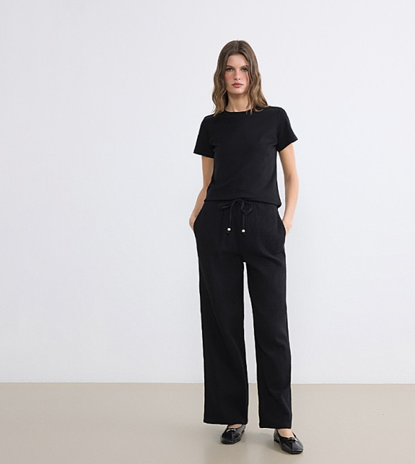Drawstring Waist Wide Leg Muslin Trousers