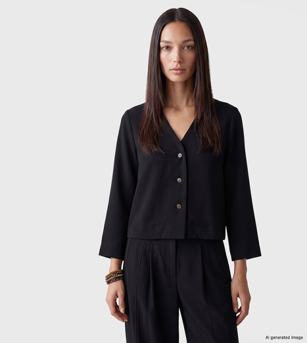 Solid V-Neck Long Sleeves Cropped Shirt