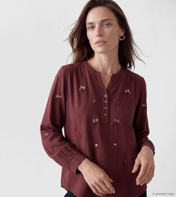 Embroidered Henley Neck Top