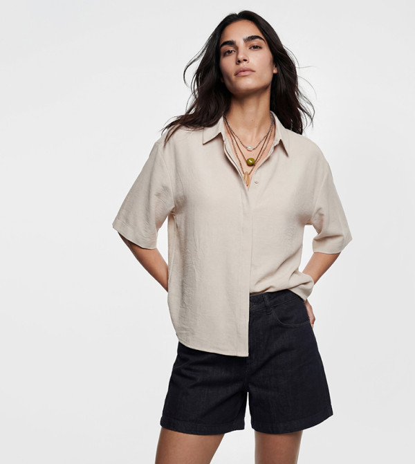 Crinkled Short Sleeves Oversized Shirt