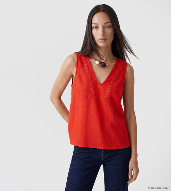 Crochet Trim V-Neck Sleeveless Top