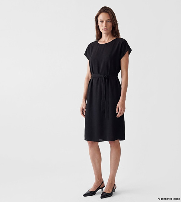 Solid Crew Neck Belted Mini Dress