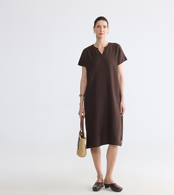 V-Neck Linen Blend Midi Dress