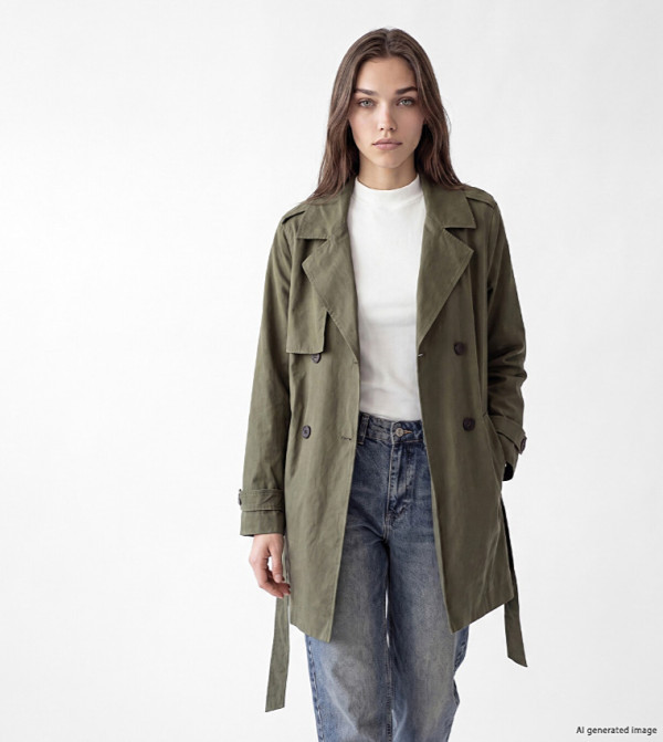 Solid Double-Breasted Belted Overcoat