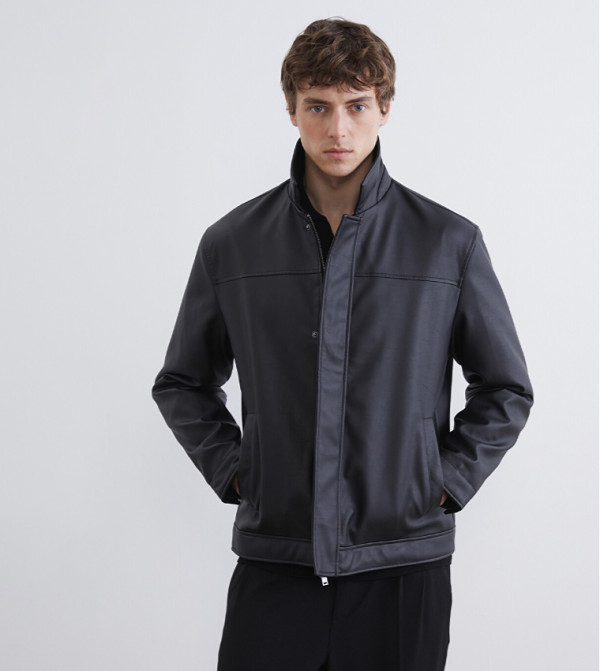 Solid Zipper Collared Casual Jacket