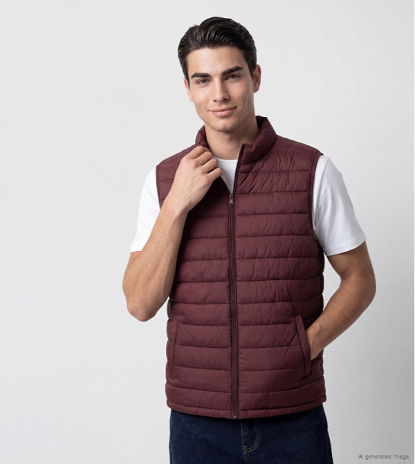 Textured Zip High Neck Puffer Gilet