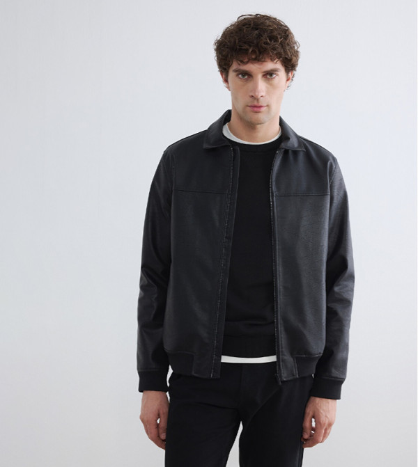 Solid Zipper Faux Leather Bomber Jacket