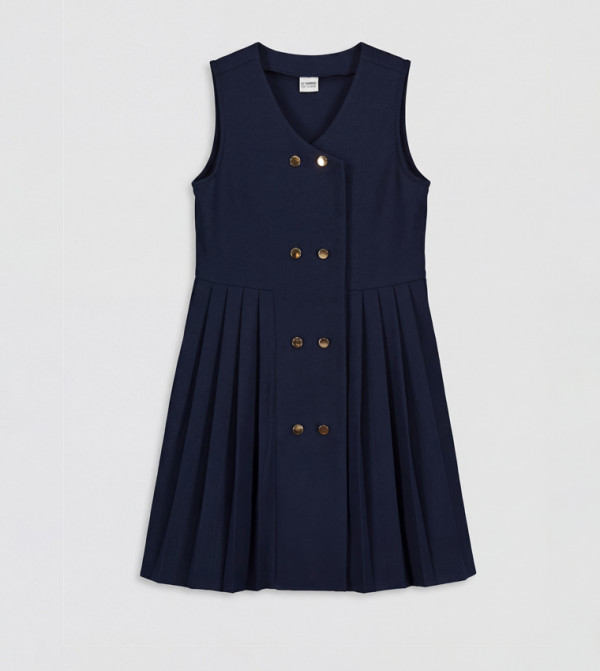 Pleated V-Neck Sleeveless A-Line Dress