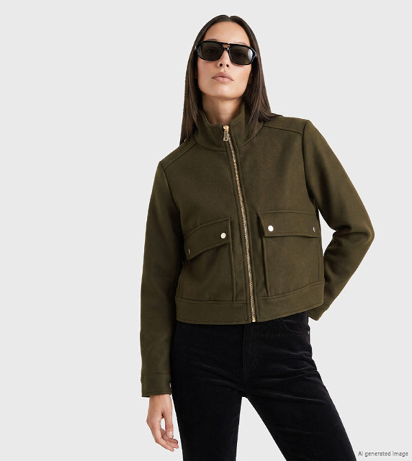 Solid Stand Collar Utility Casual Jacket