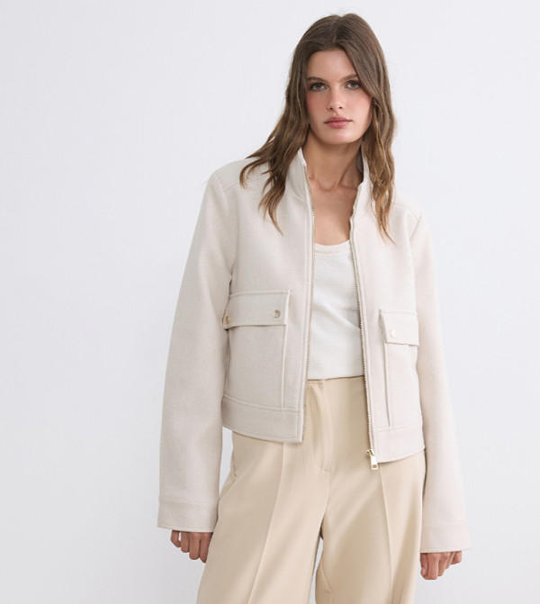 Solid Zipper Mock Neck Casual Jacket