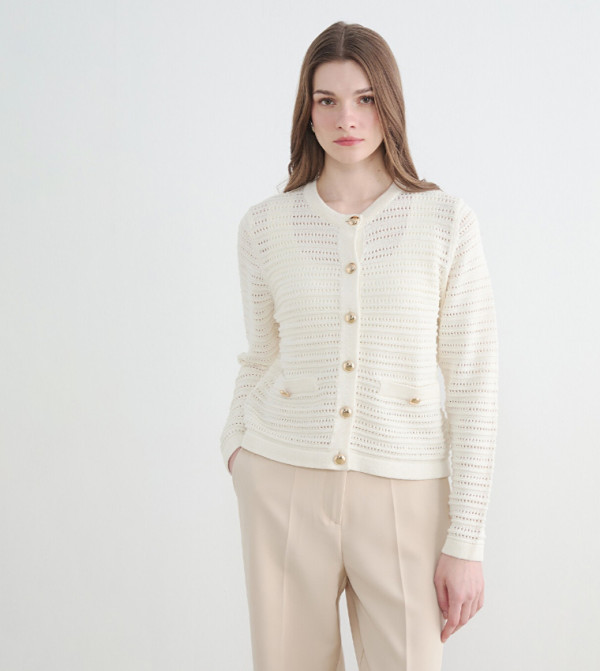 Openwork Crew Neck Cardigan