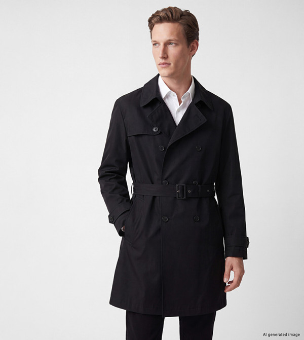 Solid Double-Breasted Belted Trench Coat