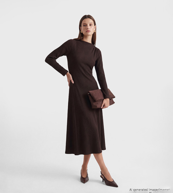 Textured Boat Neck Long Sleeves A-Line Midi Dress