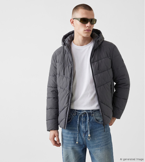 Textured Zipper Hooded Puffer Jacket