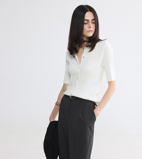 Ribbed Classic Collar Short Sleeves Cardigan