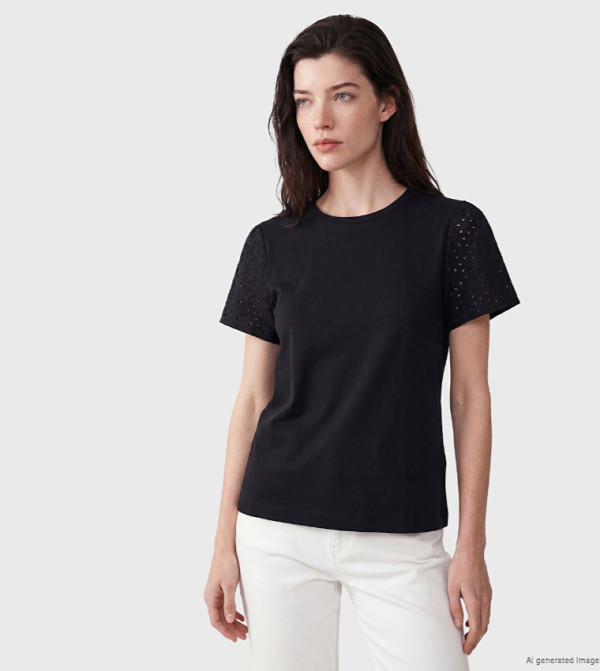 Schiffli Sleeves Crew Neck T-Shirt