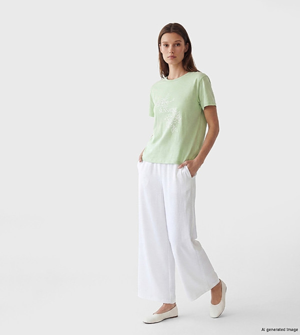 Solid Elastic Waist Wide Leg Trousers