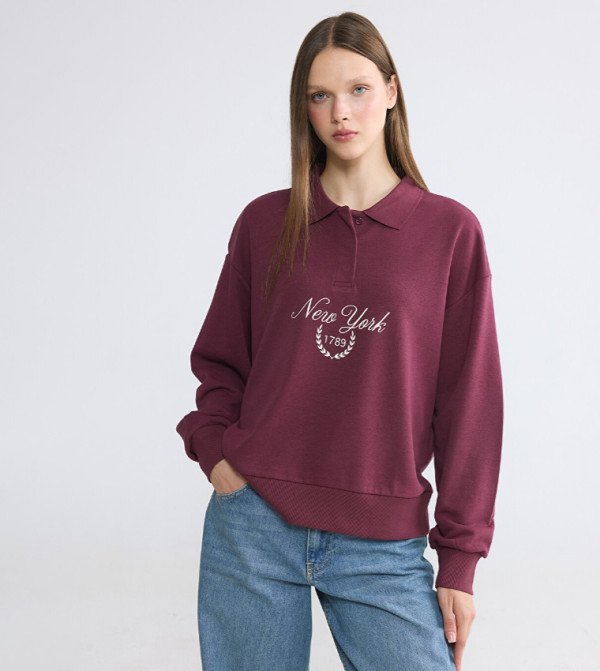 Typography Printed Collared Oversized Sweatshirt