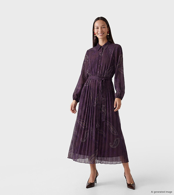 Paisley Pleated Midi Shirt Dress