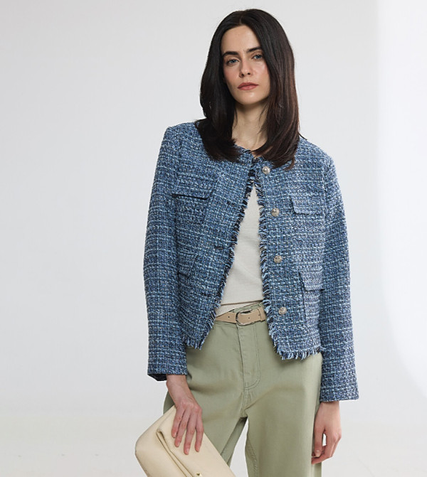 Textured Fringe Trim Single Breasted Casual Jacket
