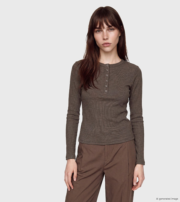 Ribbed Henley Neck T-Shirt