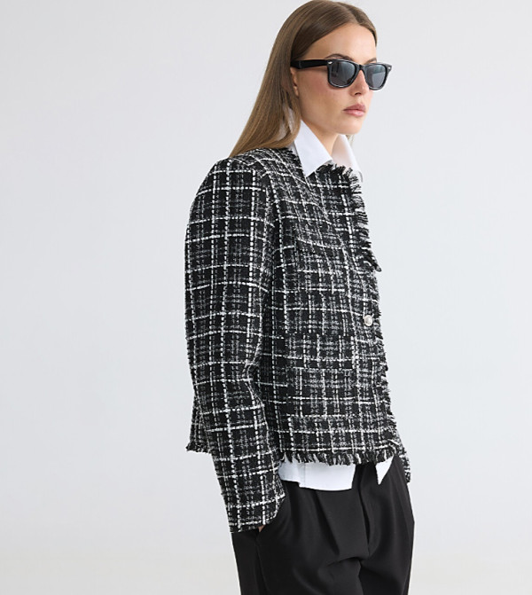 Check Fringe Trim Single Breasted Casual Jacket