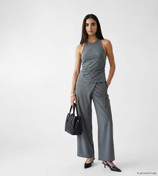 Solid Wrap Detail Wide Leg Trousers