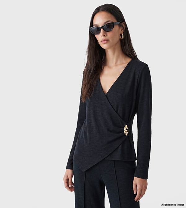 Solid Wrap V Neck Long Sleeves Top