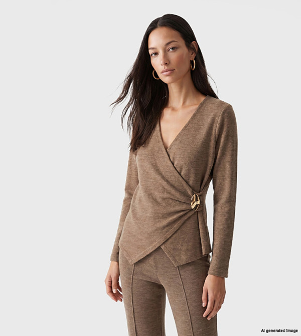 Solid Wrap V Neck Long Sleeves Top