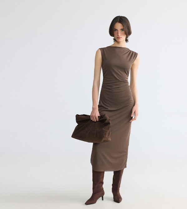 Solid Boat Neck Bodycon Midi Dress