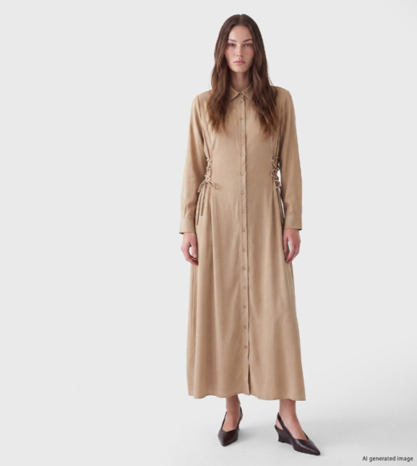 Solid Lace-Up Detail Maxi Shirt Dress