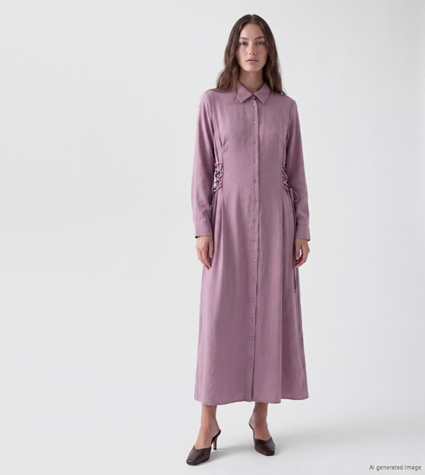Solid Lace-Up Detail Maxi Shirt Dress