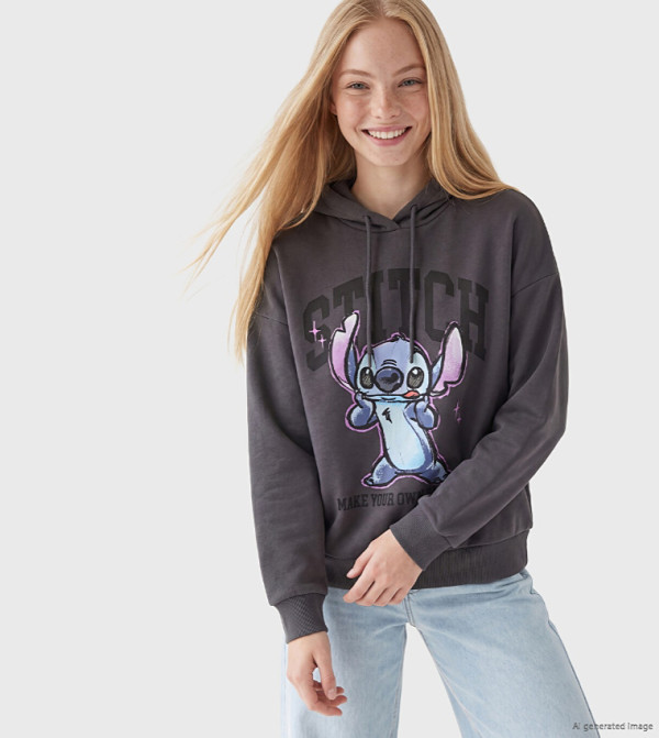 Stitch Print Long Sleeves Oversized Hoodie