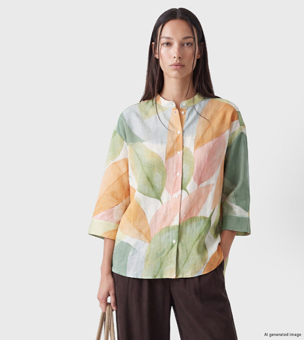 Floral Mandarin Collar 3/4 Sleeves Shirt
