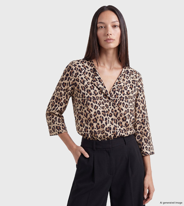 Animal Print Revere Collar Casual Top
