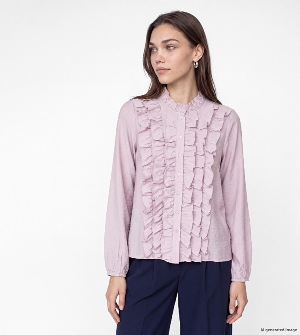 Solid Ruffle Detail Stand Collar Long Sleeves Shirt