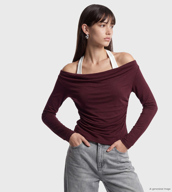 Solid Ruched Off Shoulder Casual Top