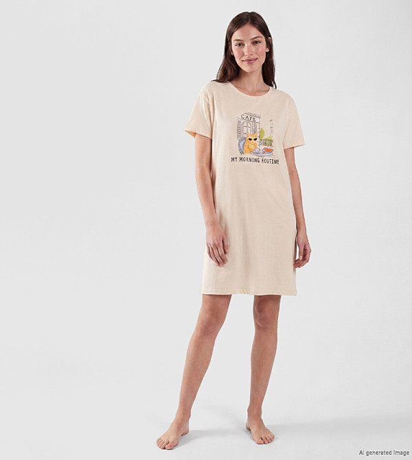 Cat Printed Crew Neck Nightdress