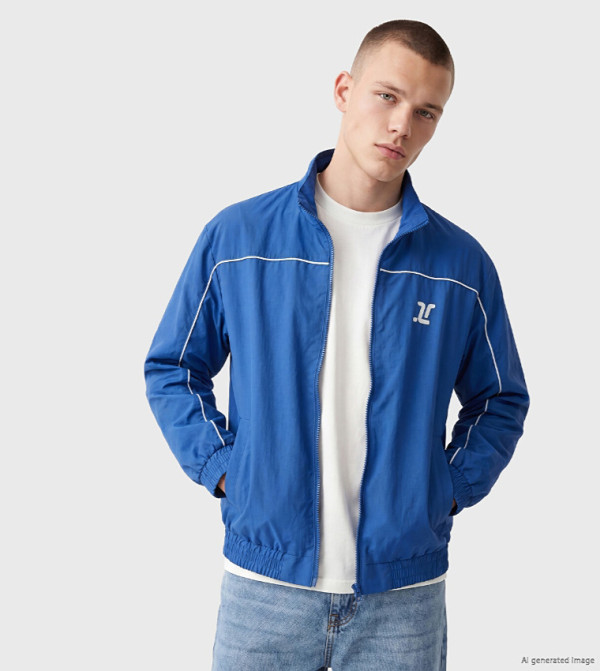 Solid Piping Detail Zip-Up Casual Jacket