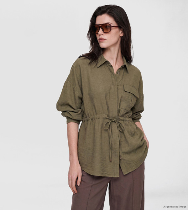 Solid Classic Collar Drawstring Waist Oversized Shirt