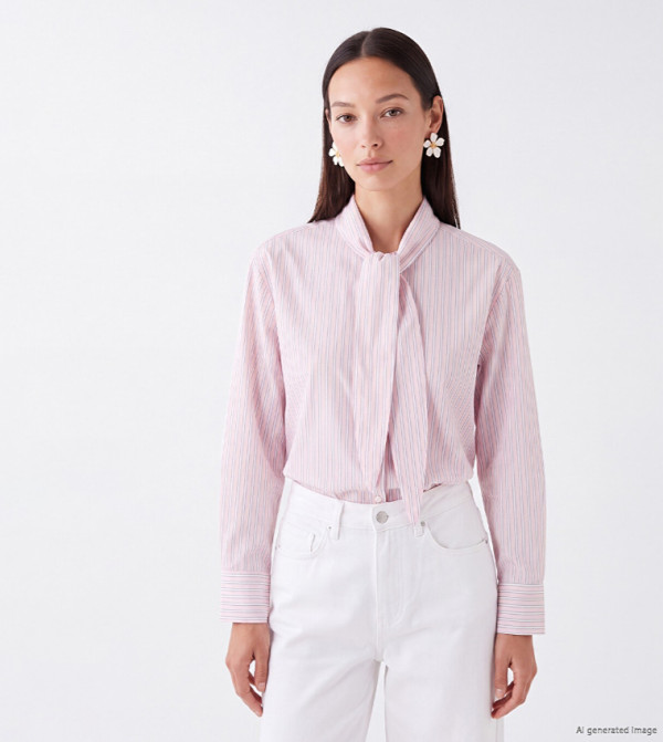 Striped Tie-Up Neck Long Sleeves Shirt