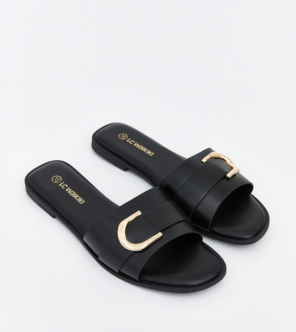 Embellished Faux Leather Slides