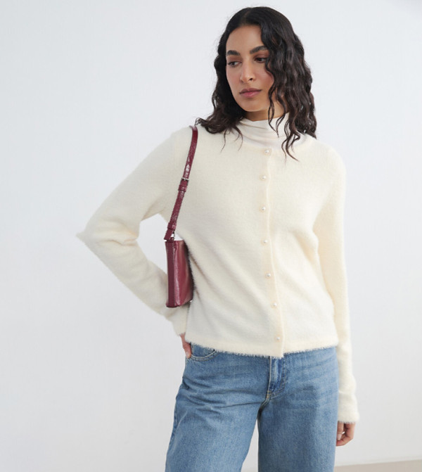 Pearl Button Round Neck Cardigan